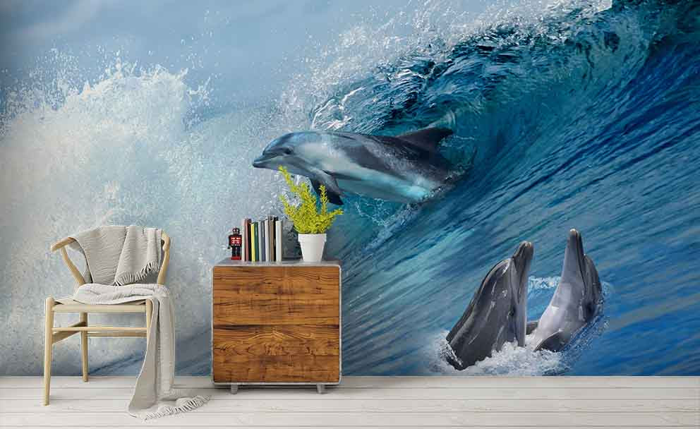 3D Sea Wave Dolphin Wall Mural Wallpaper Lqh 230