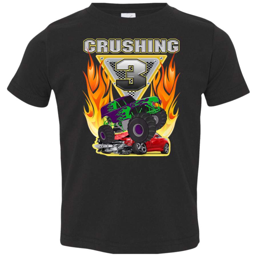 Kids Monster Truck Crushing being 3 Three Years Old 3rd Birthday TShirt 3321 Rabbit Skins Toddler Jersey T-Shirt