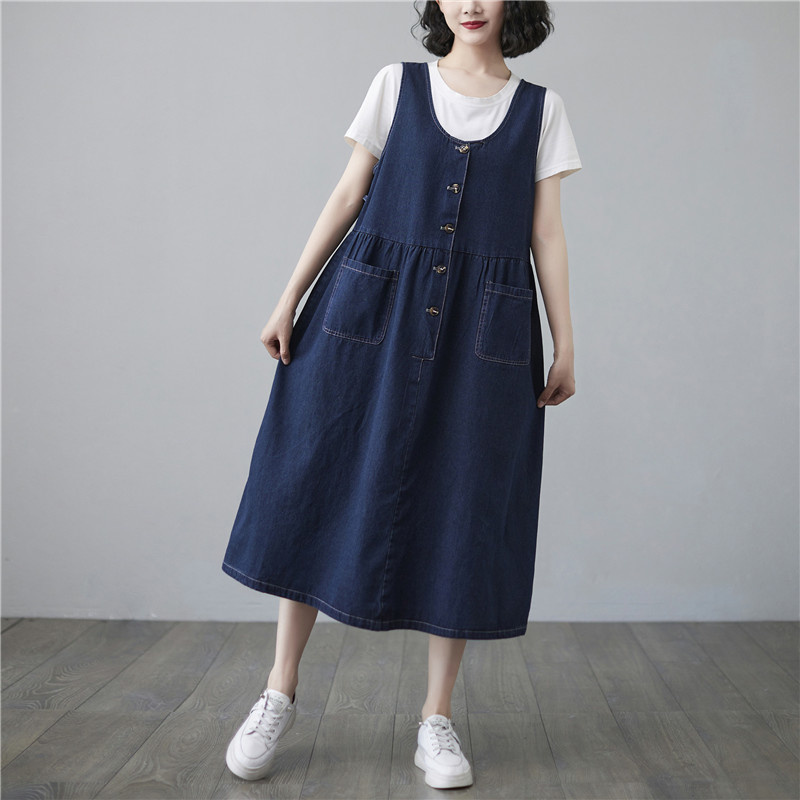 #2491 Overalls Denim Dress Women Buttons Casual A-line Jeans Dress Sleeveless Loose Pockets Korean Style Denim Dresses Female alx