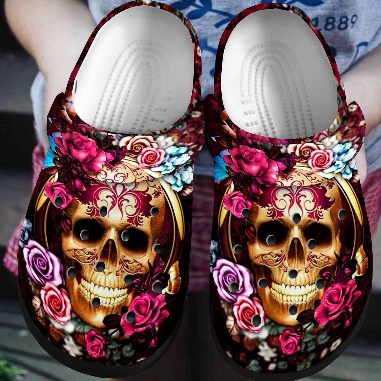 Skull Personalized Clog, Custom Name, Text, Color, Number Fashion Style For Women, Men, Kid, Print 3D Purple Skull Flower