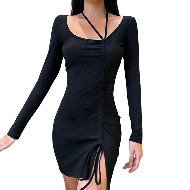 Women s Summer Sexy Slim Fit Short Dress Female Solid Color Long Sleeve Halter Side Drawstring Mini Skirt alx