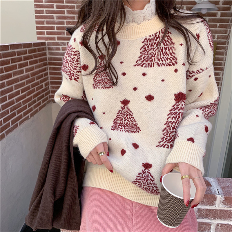 Christmas Knitted Sweater Women Long Sleeve Casual Loose Snowflake Tree Pattern Pullover Thickened Warm Knitted Sweater alx