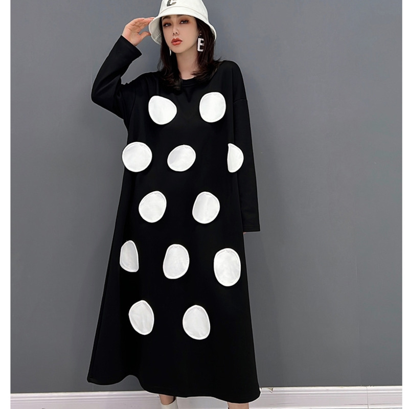 Vefadisa Women lLong Sleeves Crew Neck Dress Loose Mid-length Leisure Patches Polka Dots Pattern Dress 2022 Autumn LHX2057 alx