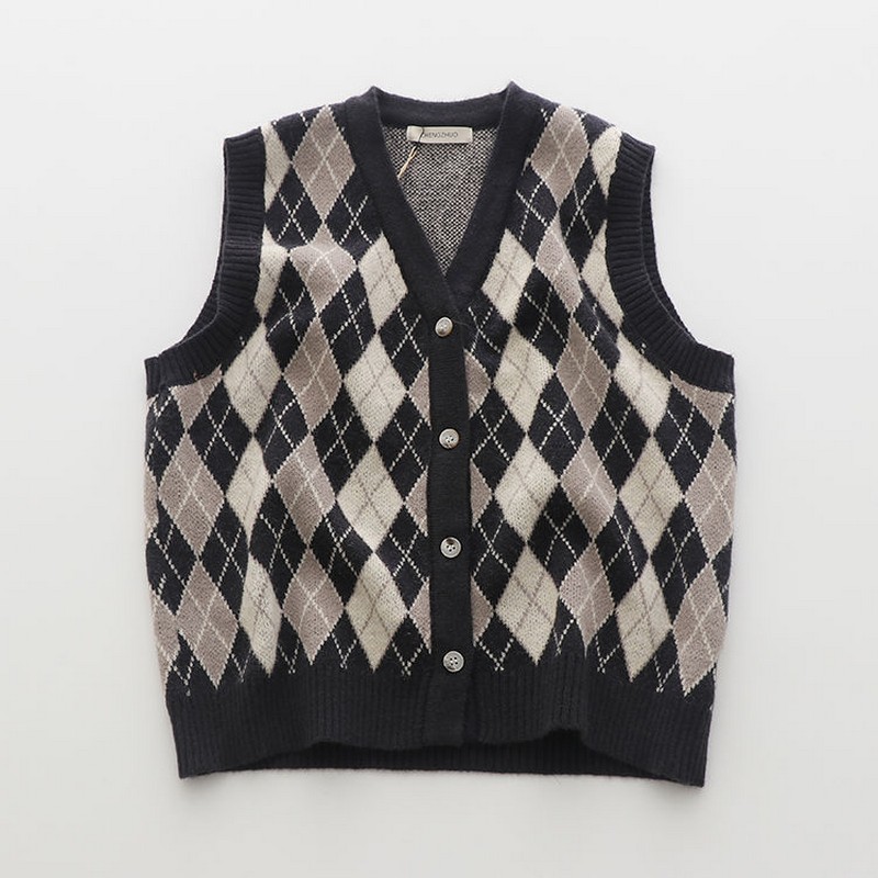 90s Clothes Vintage Argyle Sleeveless Jacket Women Y2k Sweater Vest Button Top Female Knitted Waistcoat Waistcoat Winter Vest alx