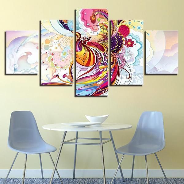 Phoenix Flowers Vine Abstract Animal 5 Panel Canvas Art Wall Decor