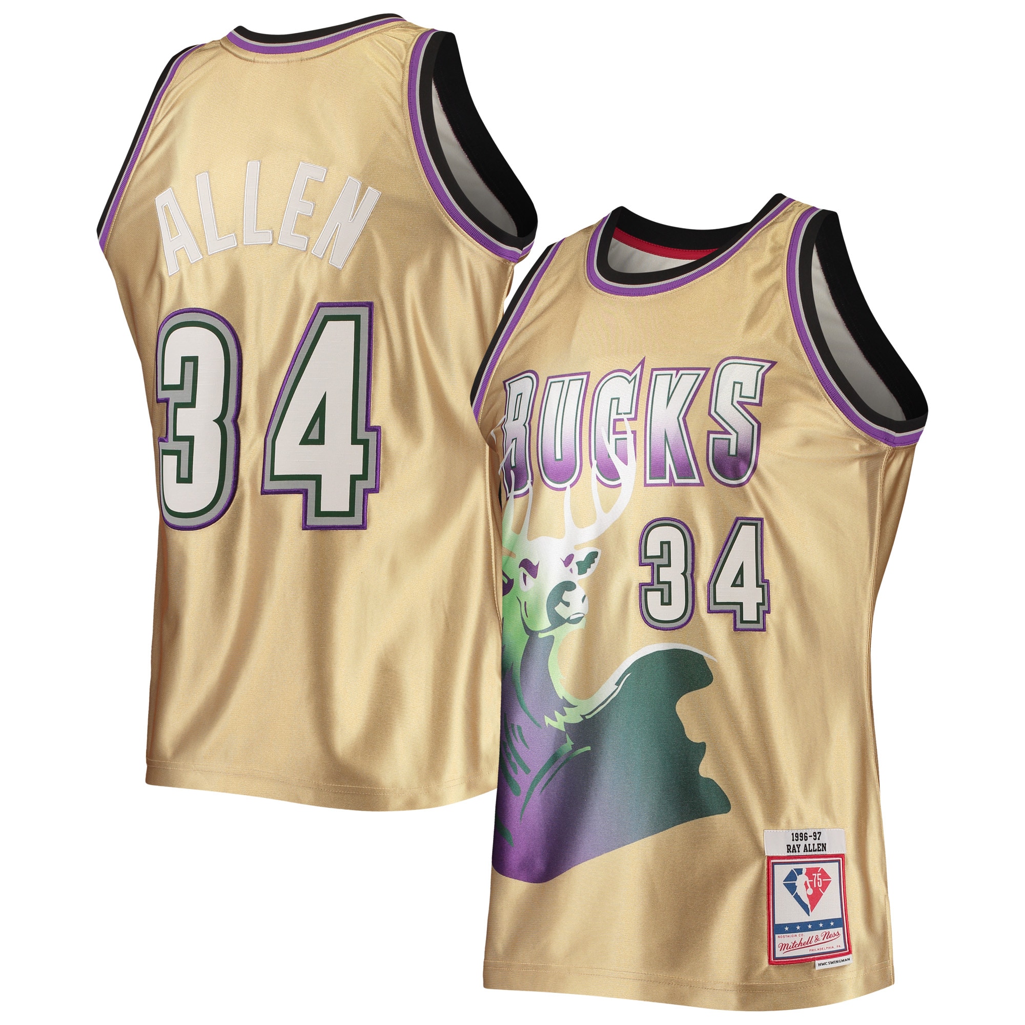 Ray Allen Milwaukee Bucks Mitchell & Ness 75th Anniversary 1996/97 Hardwood Classics Swingman Jersey – Gold