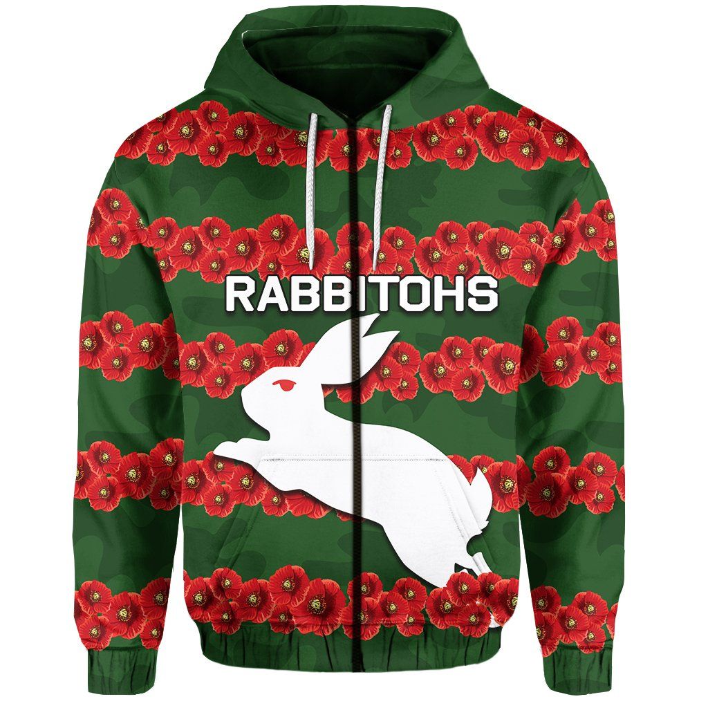 (Custom Personalised) Rabbitohs Zip-Hoodie Poppy Flowers TH4