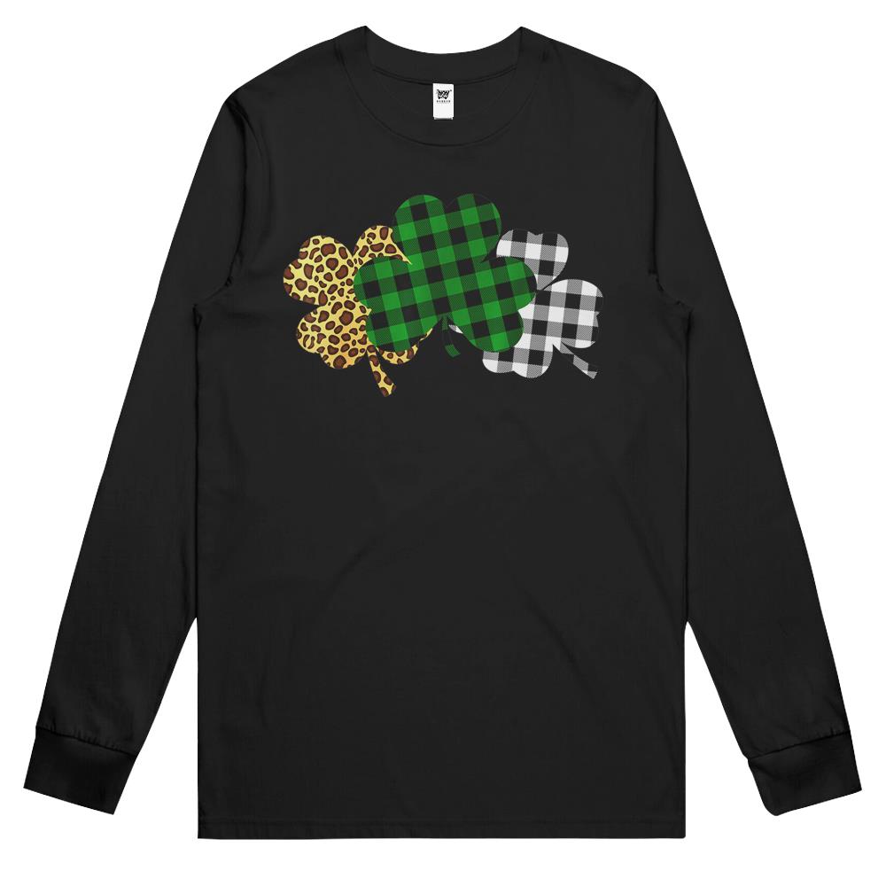 Buffalo Plaid Leopard Shamrock Clover Lucky St Patricks Day Long Sleeve T Shirts