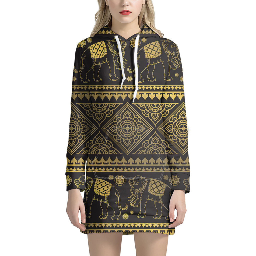 Ethnic Thai Elephant Pattern Print Women’S Pullover Hoodie Dress