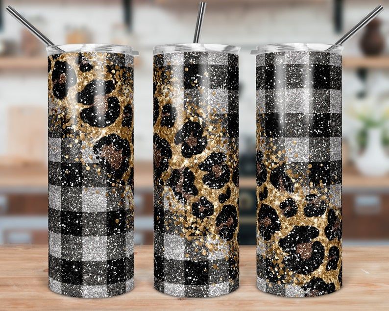 Personalized White Buffalo Plaid And Leopard Print Glitter YQ2204452CL Skinny Tumbler