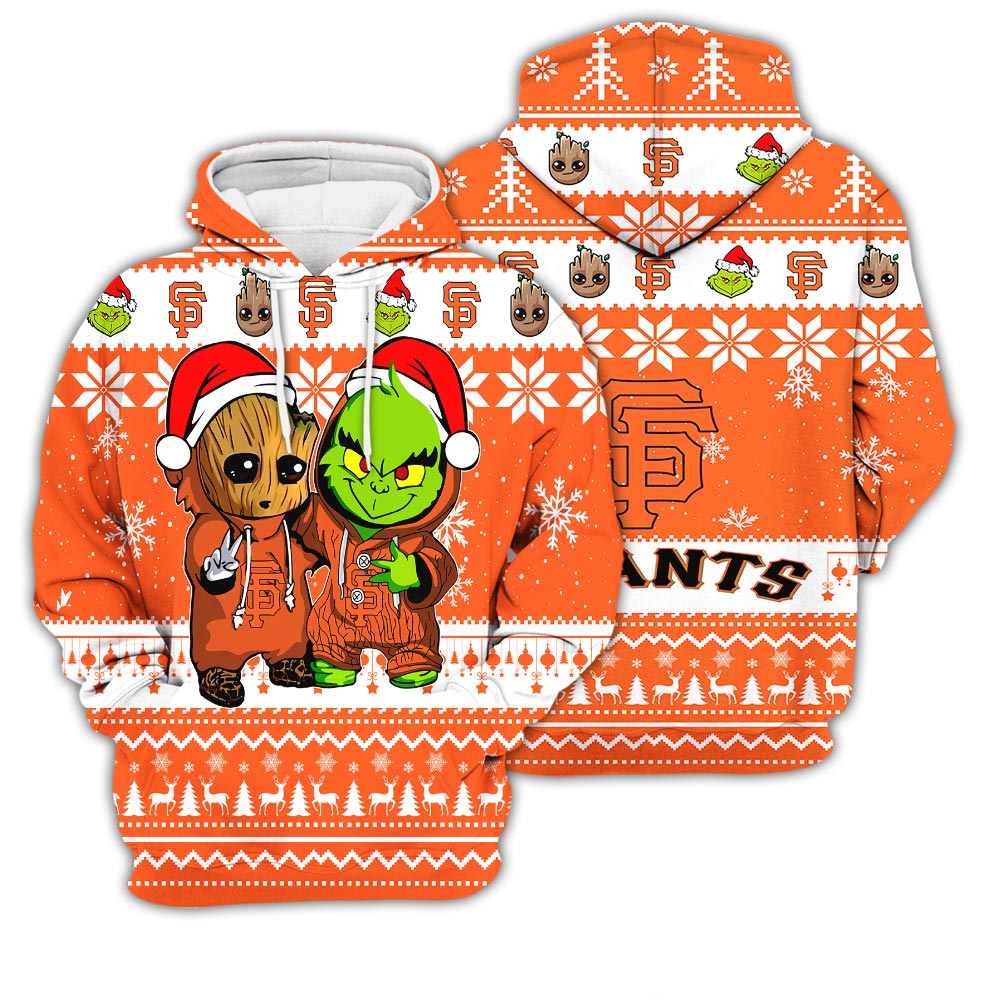 San Francisco Giants Baby Groot And Grinch Best Friends Football American Ugly Christmas Sweater New Trends For Fans Club Gifts Unisex 3D Hoodie