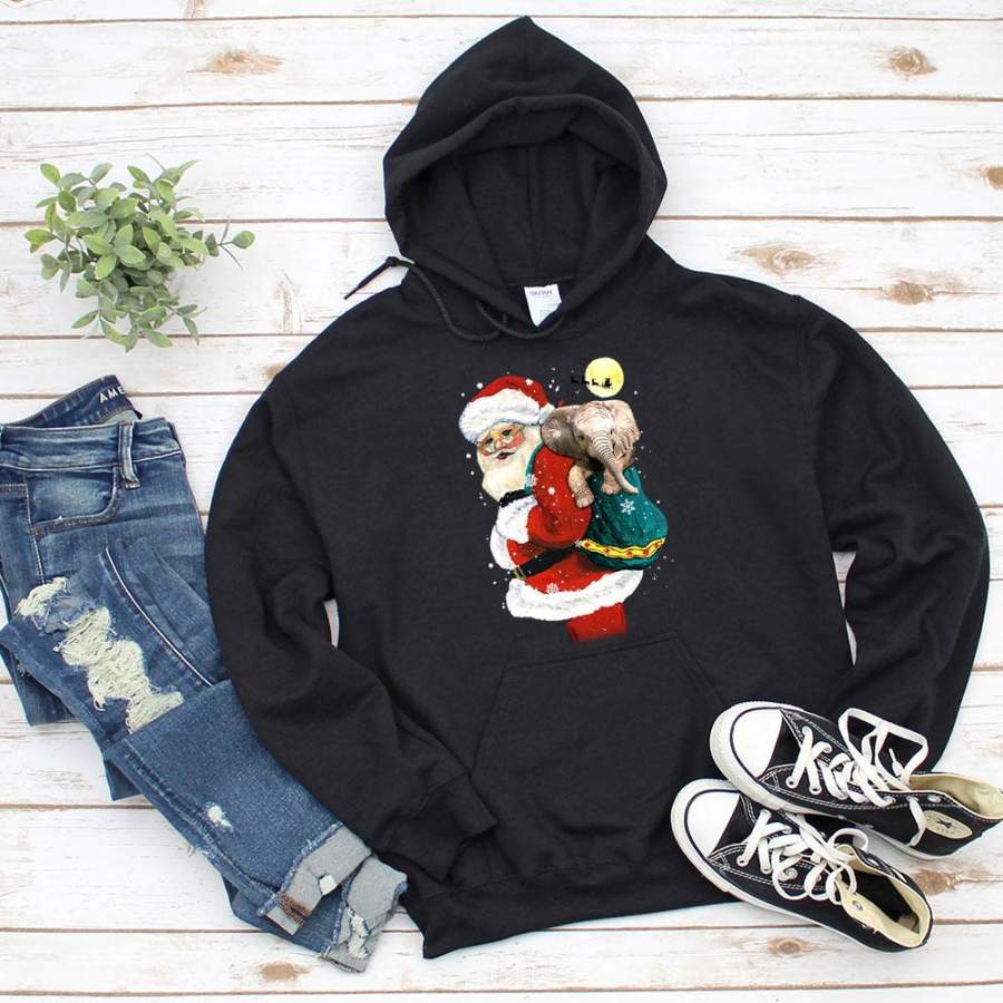 Christmas santa and elephant full moon snowflakes merry christmas black hoodie for men and women S-5XL