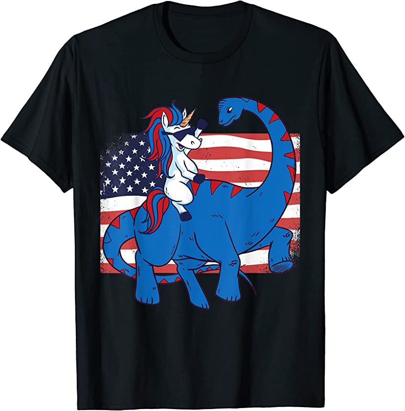 Unicorn Riding Dinosaur Diplodocus American Flag 4th of July T-Shirt