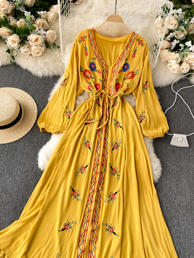 Bohemian Dress Embroidered Flower Lantern Sleeves V-neck Loose and Thin Waist Cotton and Linen Midi Dress GK105 alx