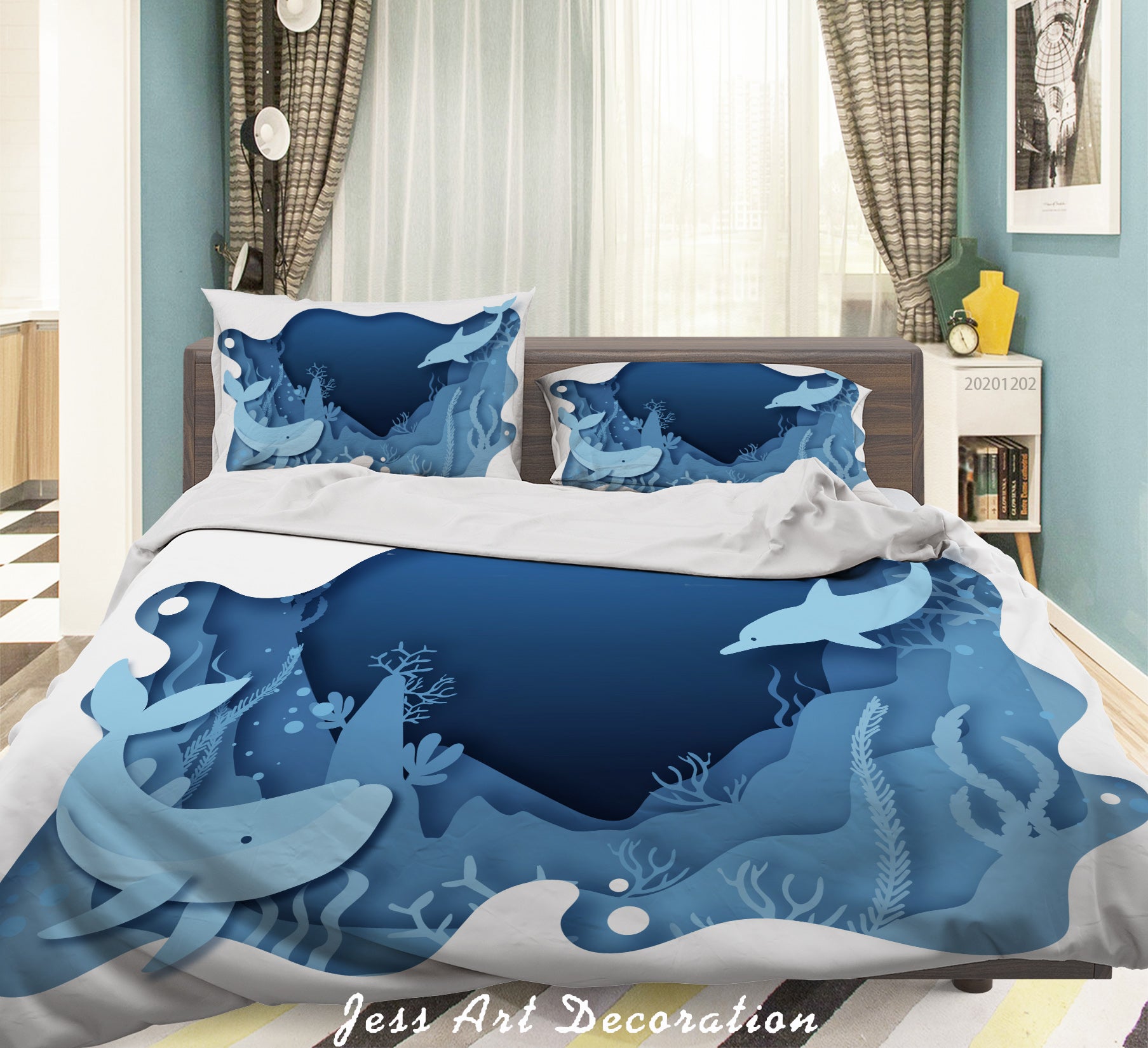 3D Cartoon Hand Drawn Blue Ocean Whale Fish Seaweed Quilt Cover Set Bedding Set Duvet Cover Pillowcases Lxl