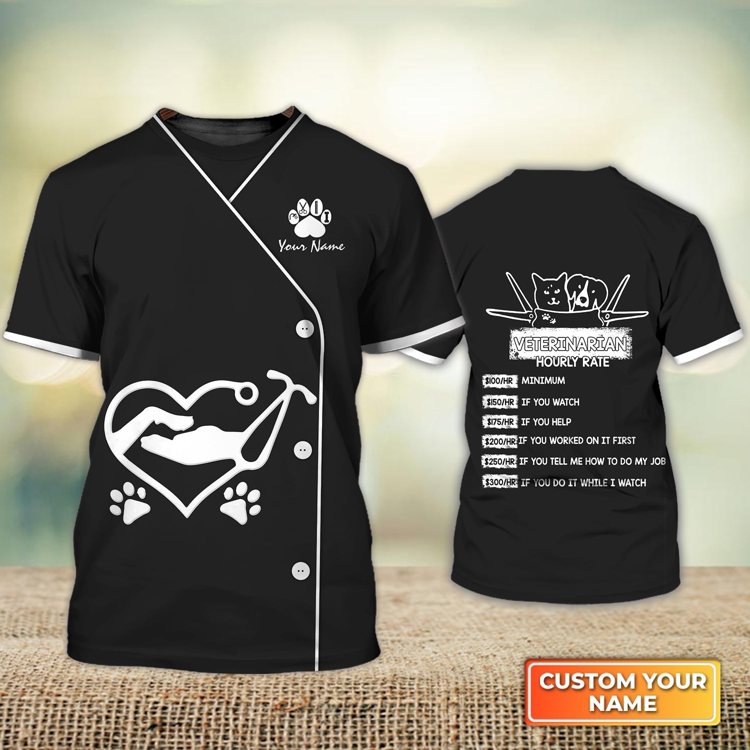 Custom Name Veterinarian Uniform Shirt Hourly Rate Veterinarian Black Tee Shirts Men Women