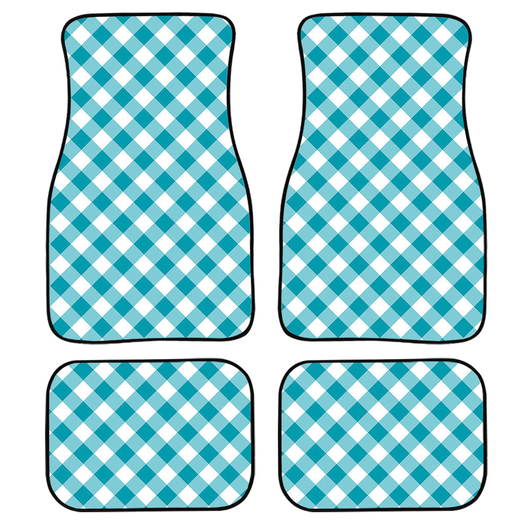 Teal And White Gingham Pattern Print Front And Back Car Floor Mats, Front Car Mat