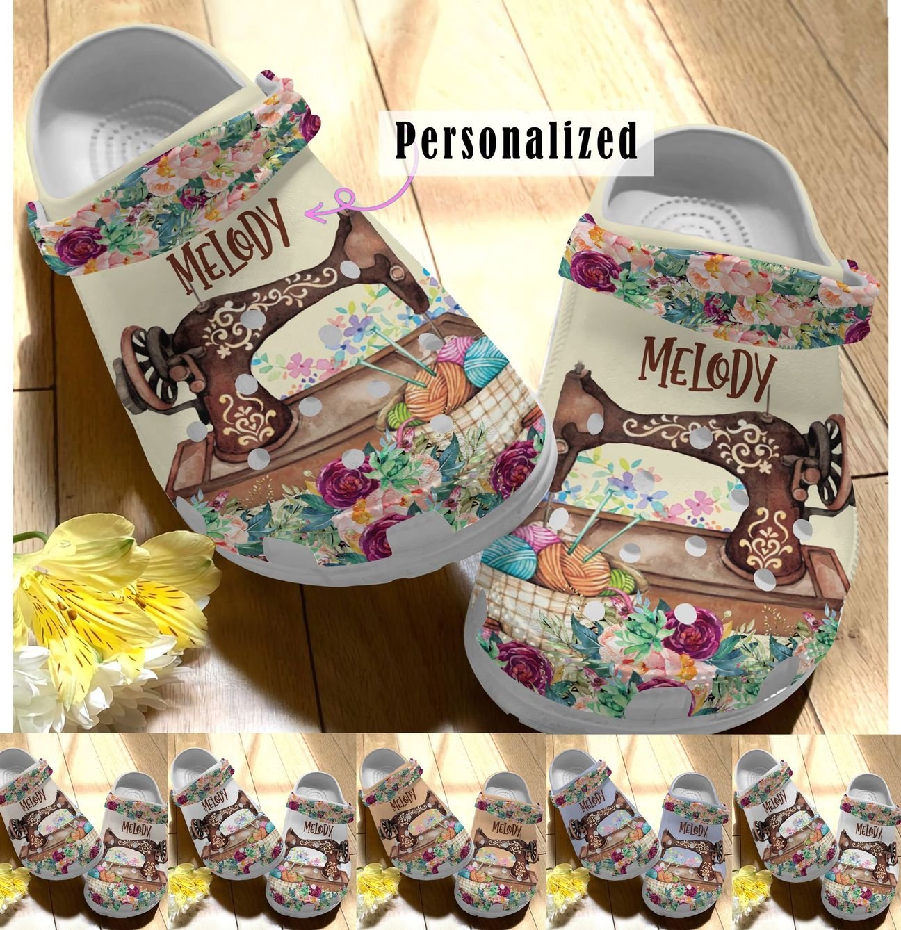 Sewing Personalize Clog, Custom Name, Text, Fashion Style For Women, Men, Kid, Print 3D Whitesole Colorful Sewing Machine