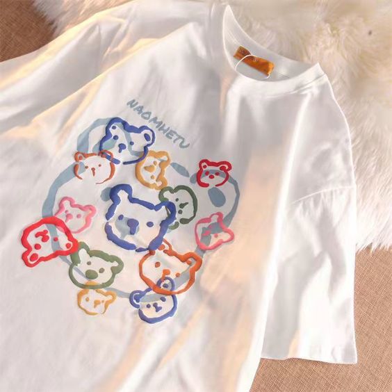 18M-12Y Short Sleeve Cartoon Bear Print Loose T-Shirt