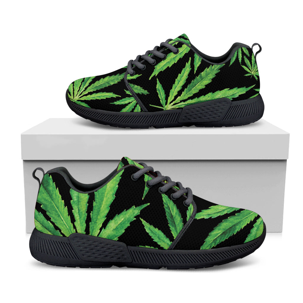 Watercolor Marijuana Leaf Pattern Print Black Athletic Shoes