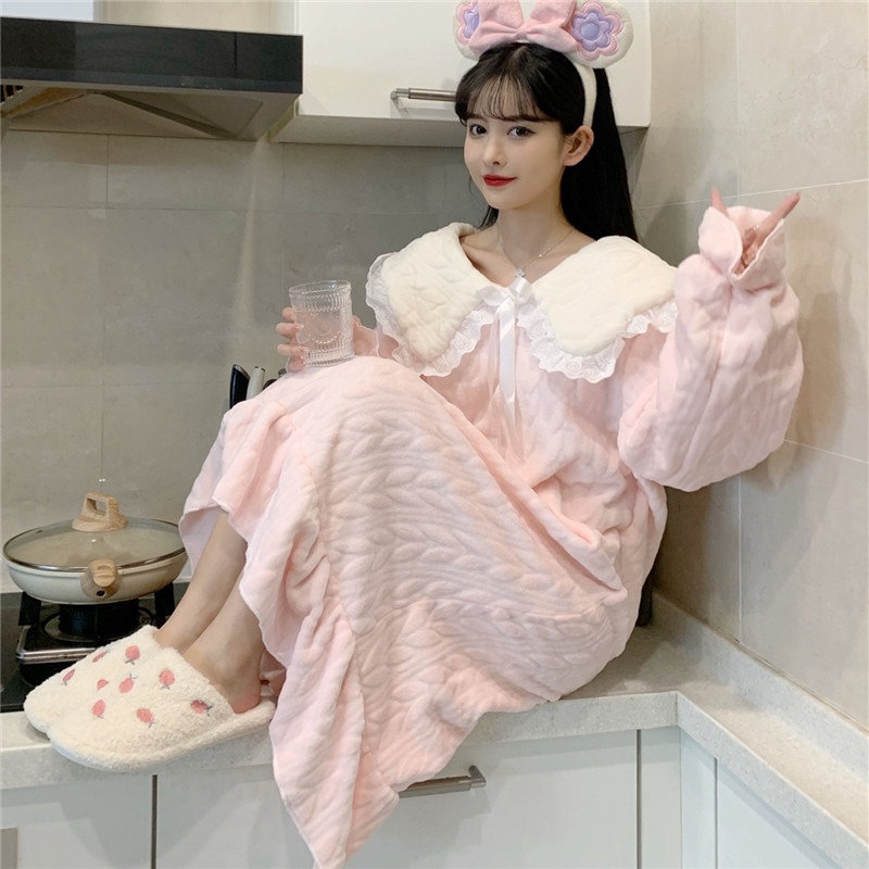 2022 Winter Long Sleeve Thick Warm Flannel Nightgowns for Women Korean Cute Coral Velvet Sleepwear Night Dress Nightdress Nighty alx