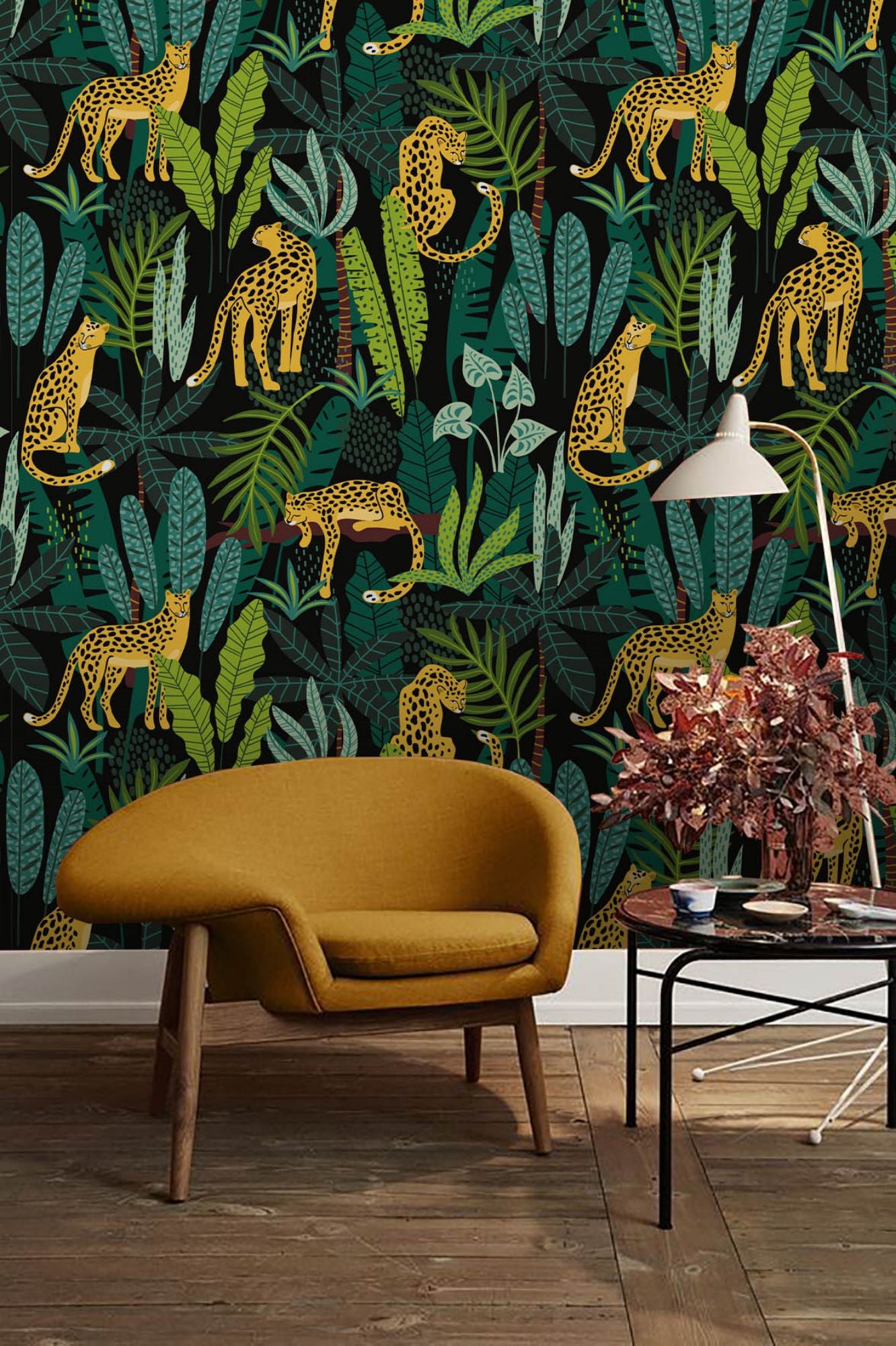 3D Green Leaf Plant Leopard Wall Mural Wallpaper Gd 1595