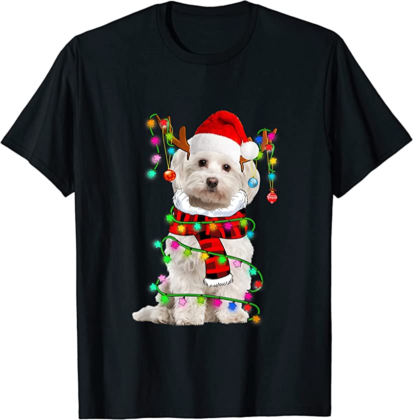 Maltese Dog Santa Xmas Puppy Lover Christmas Lights T-Shirt