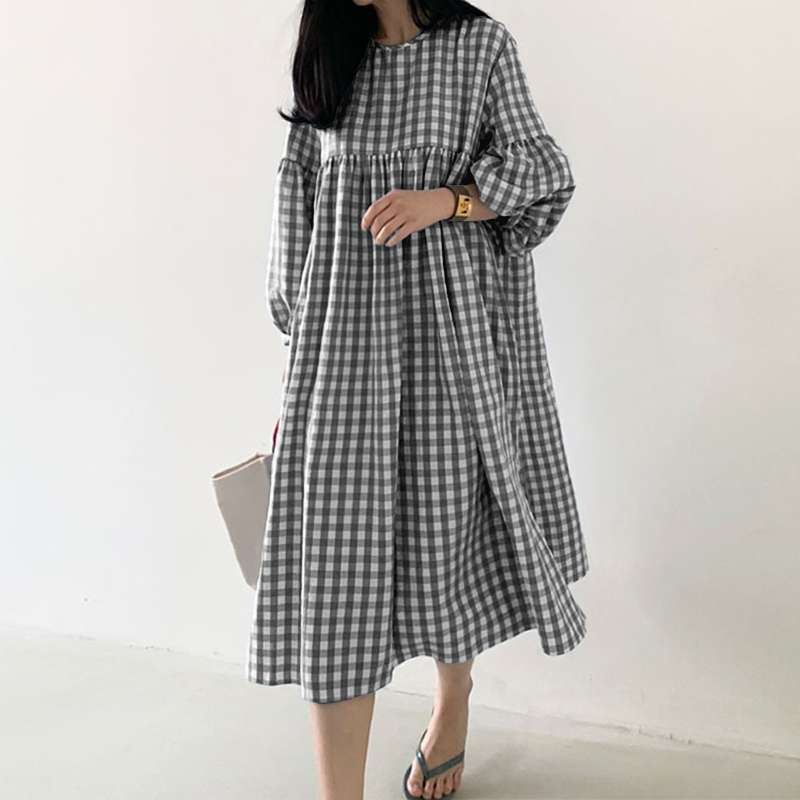 Women’s Check Dress 2022 ZANZEA Vintage Autumn Dress Casual Puff Sleeve Midi Vestidos Female O Neck Robe Femme Oversized alx