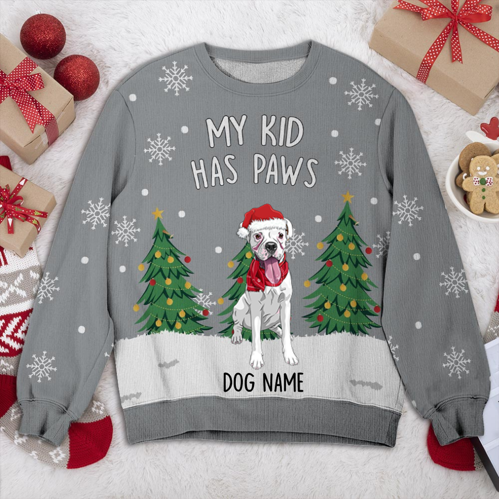 Boxer Dog My Kid Has Paws Personalized Sweater, Dog Ugly Christmas Sweater