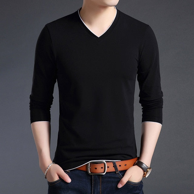 V Neck Street Style Slim Fit Solid Color Long Sleeve Shirt