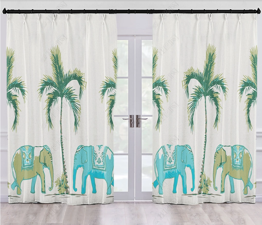 3D Hand Drawn Animal Elephant Coconut Tree Curtains And Drapes Lqh 15