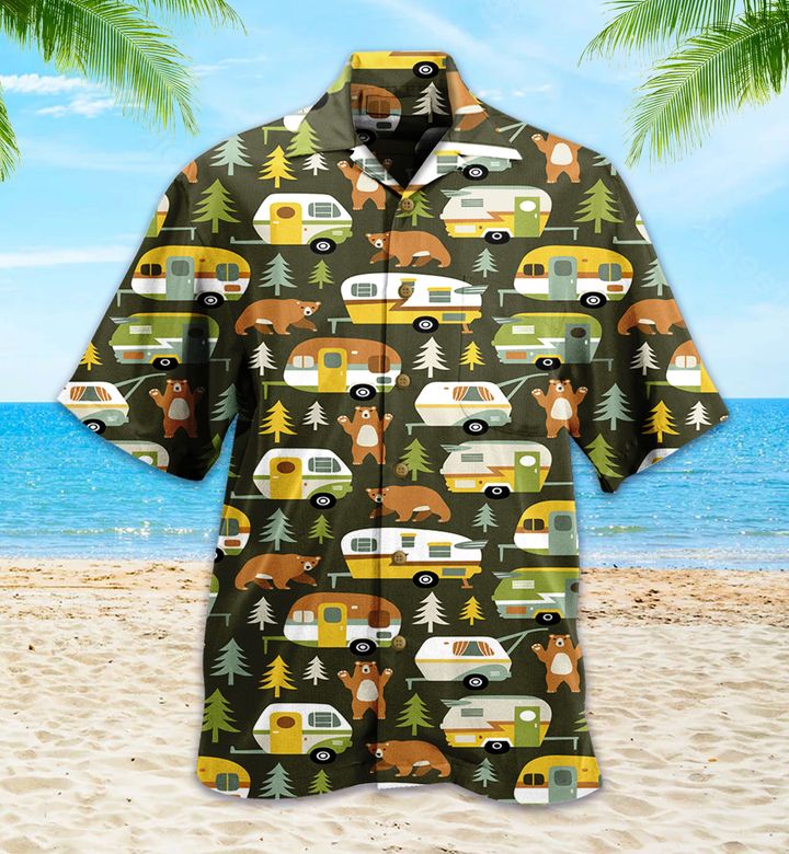 Camper Van Bear Green Pattern Hawaii Shirt Ha82769