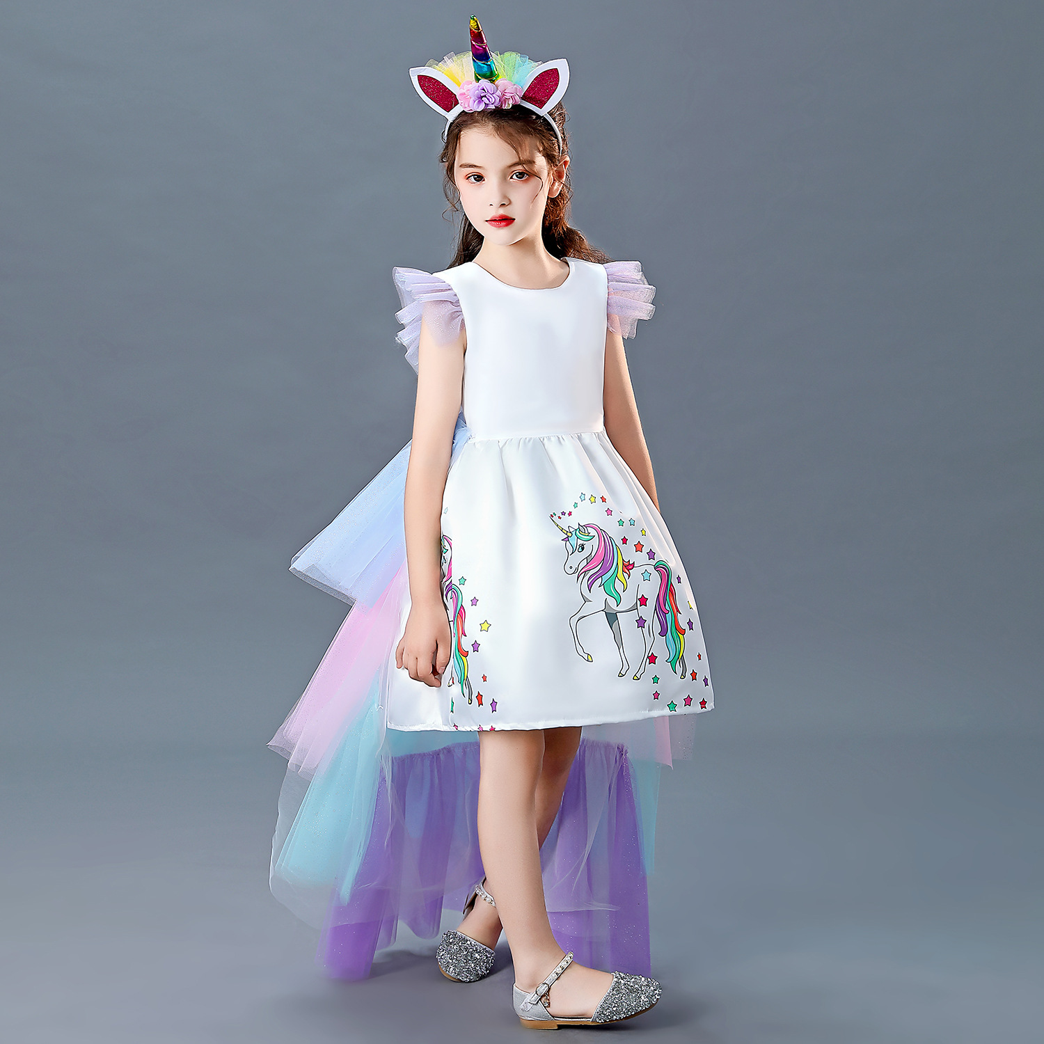 Unicorn Girls Trailing Dress 3 to 10 Years Old Children’s Net Yarn Rainbow Puffy Yarn Princess Dress For Unicorn Birthday Party alx