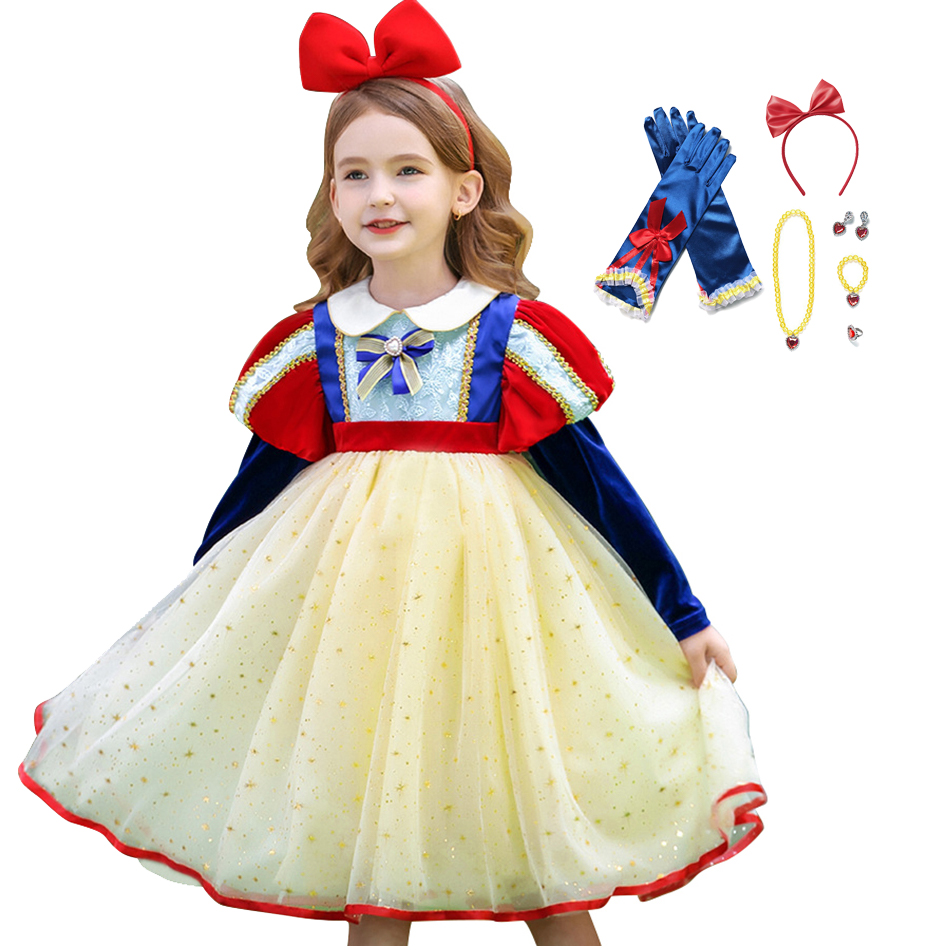 Snow White Costume For Kids Carnival Party Cosplay Outfits Girl Princess Role Playing Frocks Long Sleeve Mesh Prom Dress alx