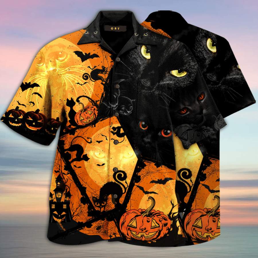 Black Cat Halloween Hawaii Aloha Shirts Ha36476