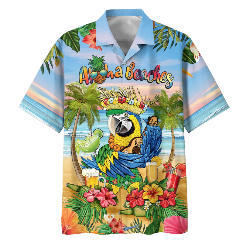 Parrot Aloha Beaches Print Short Sleeve Hawaii Casual Shirt Ha32861