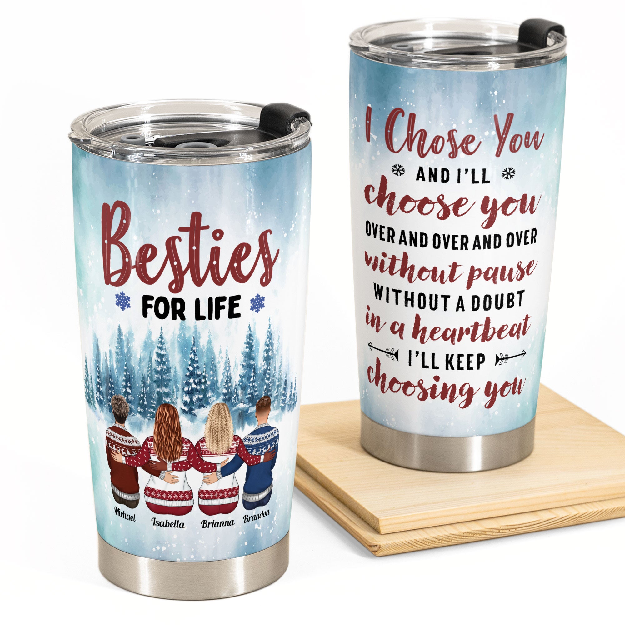 Besties For Life – Personalized Tumbler Cup – Christmas Gift For Friends – Ugly Sweater Friends