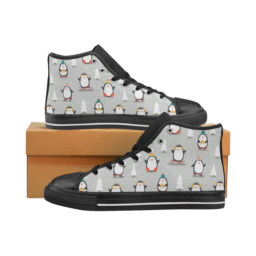 Cute Penguin Christmas Pattern Women’S High Top Canvas Shoes Black Gift For Men Women