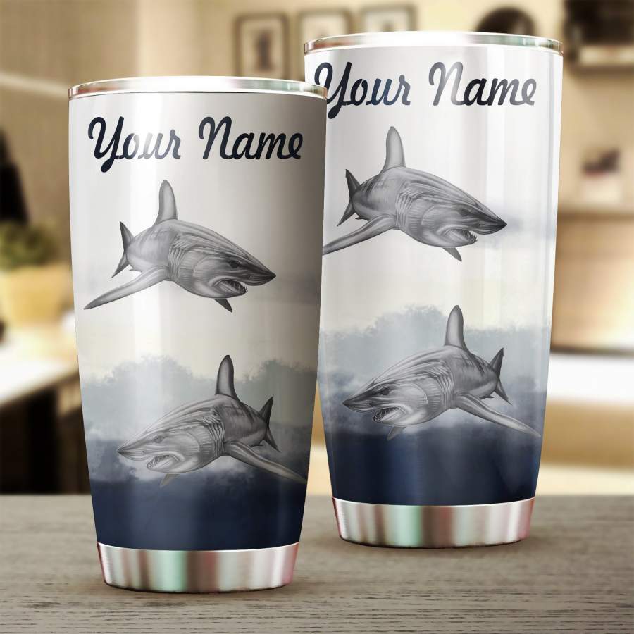 Shark Fishing Customize Name All-Over Print Insulated Stainless Steel Tumblers Cup Personalized Fishing Gift For Fisherman – Nqs274