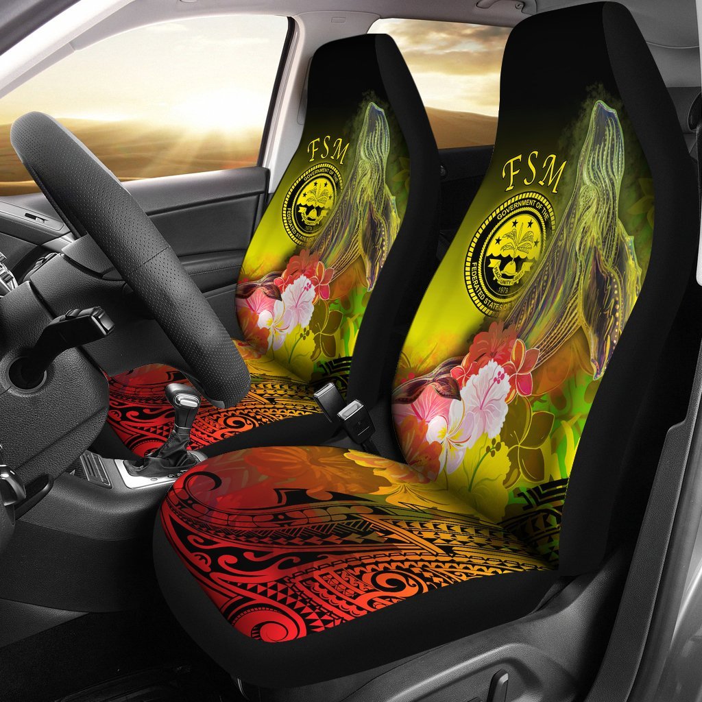 Federated States Of Micronesia Car Seat Covers – Humpback Whale With Tropical Flowers (Yellow)