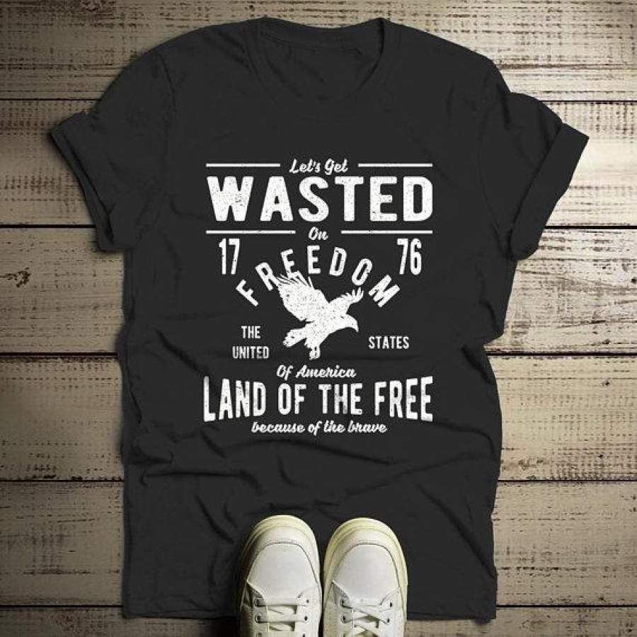 Men’s Wasted On Freedom T Shirt 4th July Independence Day Vintage Shirts Graphic Tee Eagle