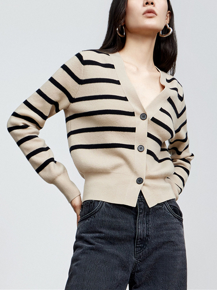 Women Cropped V-Neck Knit Sweater Top 2022 Autumn Female V-Neck Single Breasted Long Sleeve Knitted Stripes Cardigan alx