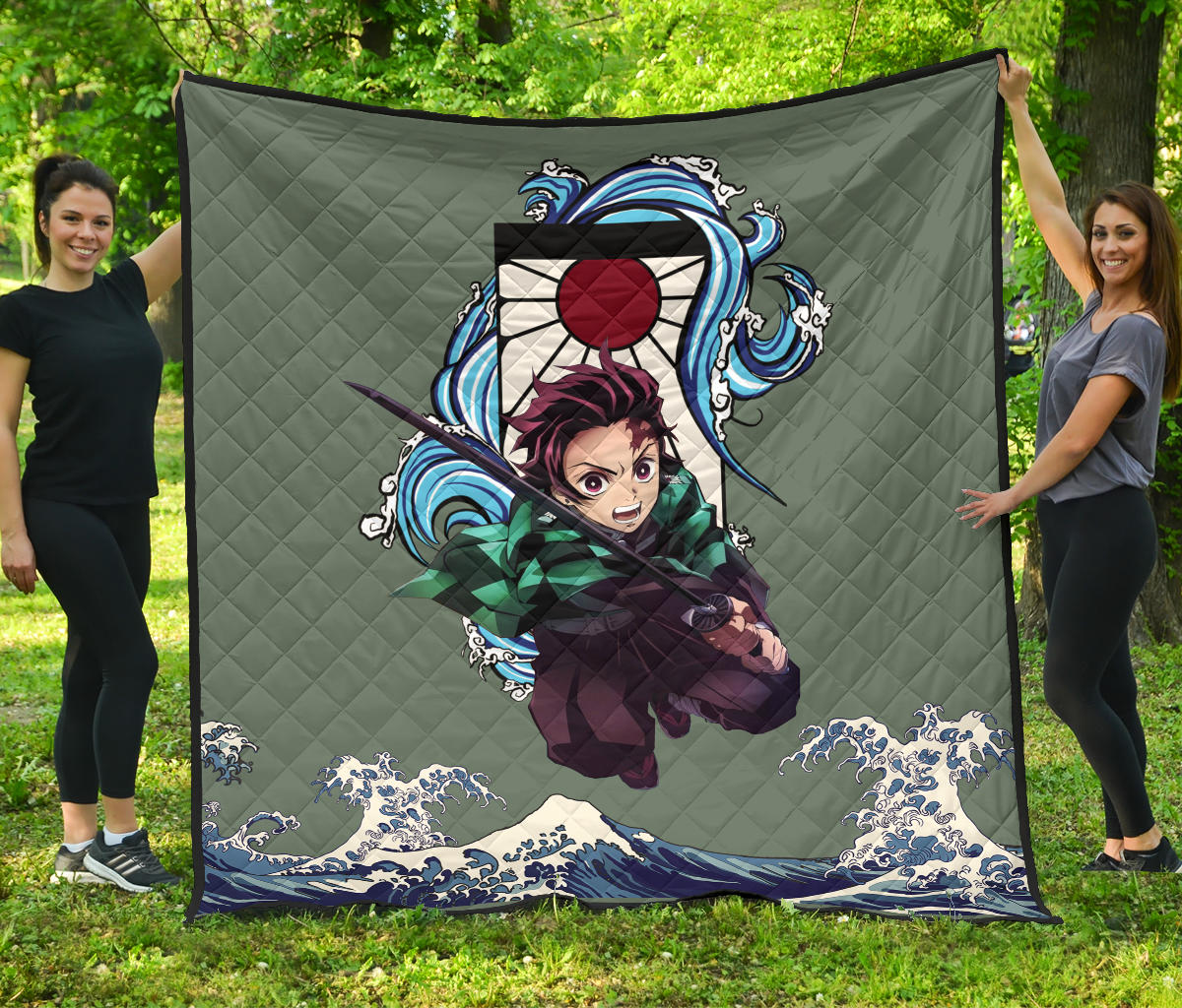 Demon Slayer Anime Premium Quilt – Tanjiro Holding Sword Wave After Wave Quilt Blanket