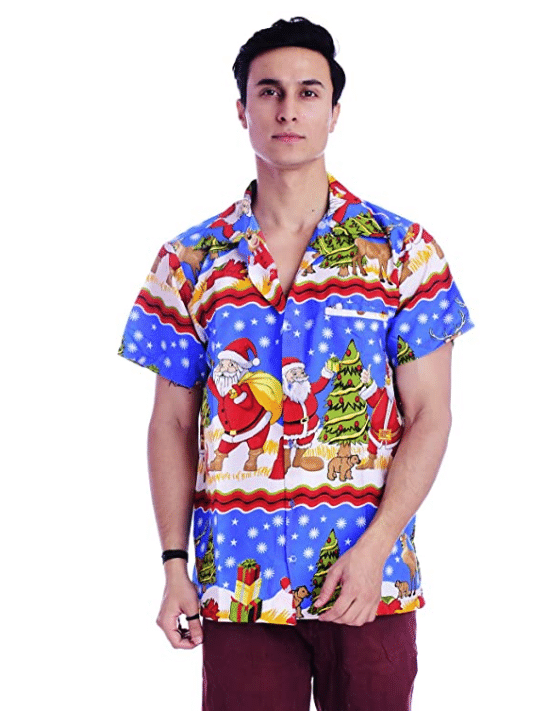 Christmas Hawaii Santa Bear Blue Button Up Shirt For Men Ha45606