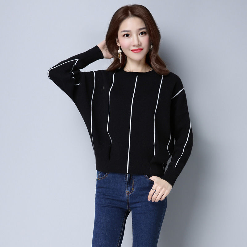 Women’s Spring and Autumn New Korean Style Bat Shirt Short Round Neck Long-Sleeved Pullover Loose Sweater Fashion alx