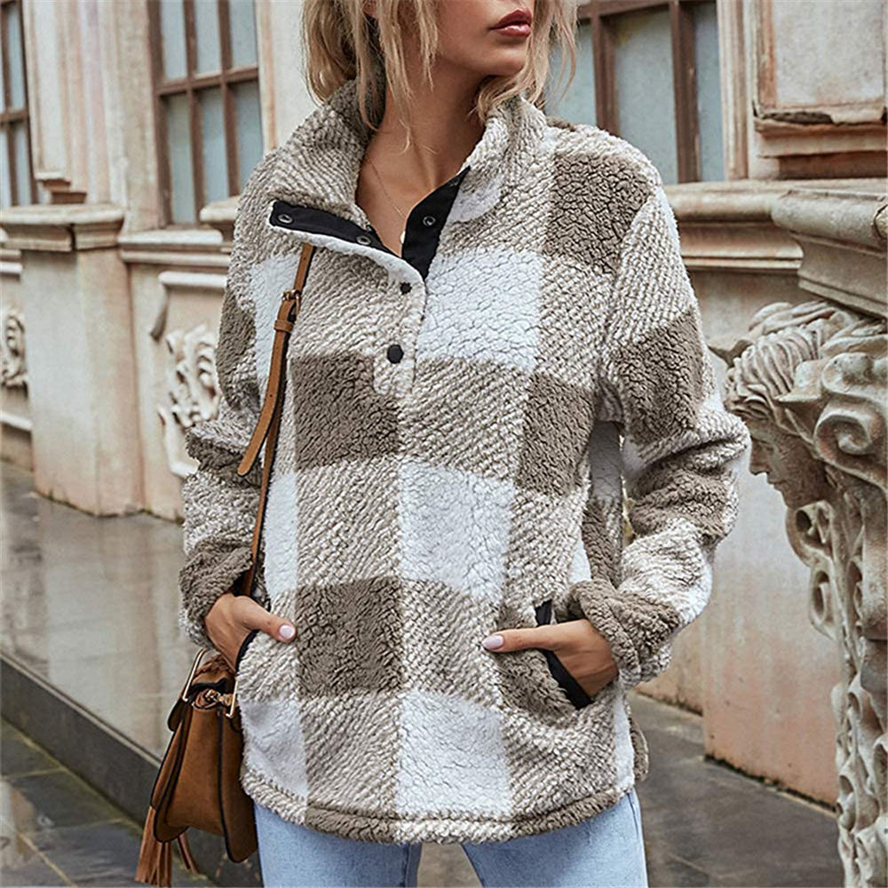 Women Vintage Plaid Sweater Sherpa Fleece Fluffy Pullover Winter Warm Stand Collar Tops Chic Teddy Sweater Loose Jumper alx