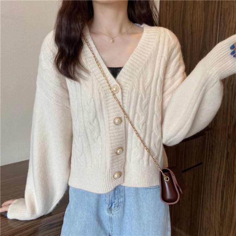 V-neck Long Sleeve Cardigans Women Candy Colors Sweet Soft Stretchy Knitwear Gentle Short Sweater Design Pearls Elegant Cardigan alx