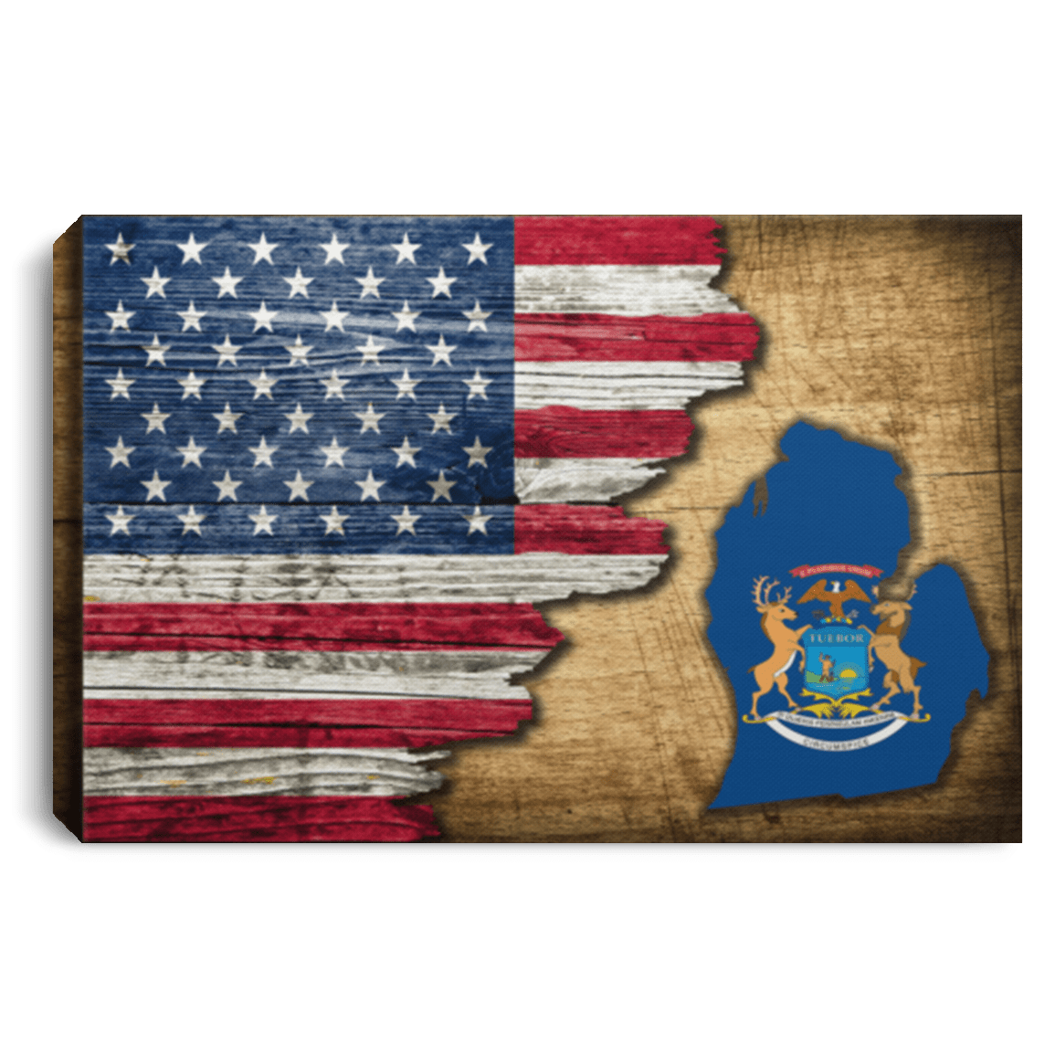 United States/Michigan Flag Ripped Effect 12X8 Inches Landscape Canvas .75In Frame