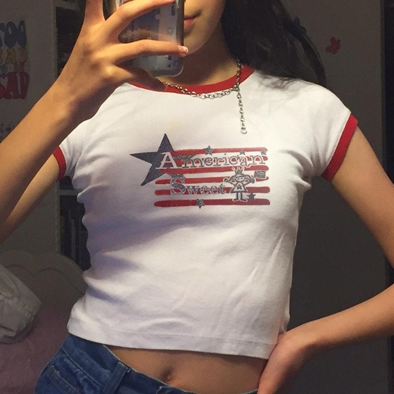 American Sweet T Shirts Flag Print y2k Baby Tee White Summer Top Woman Trending Streetwear Baby Tee Slim Sexy Crop Tops 2000s Baddie Outfits