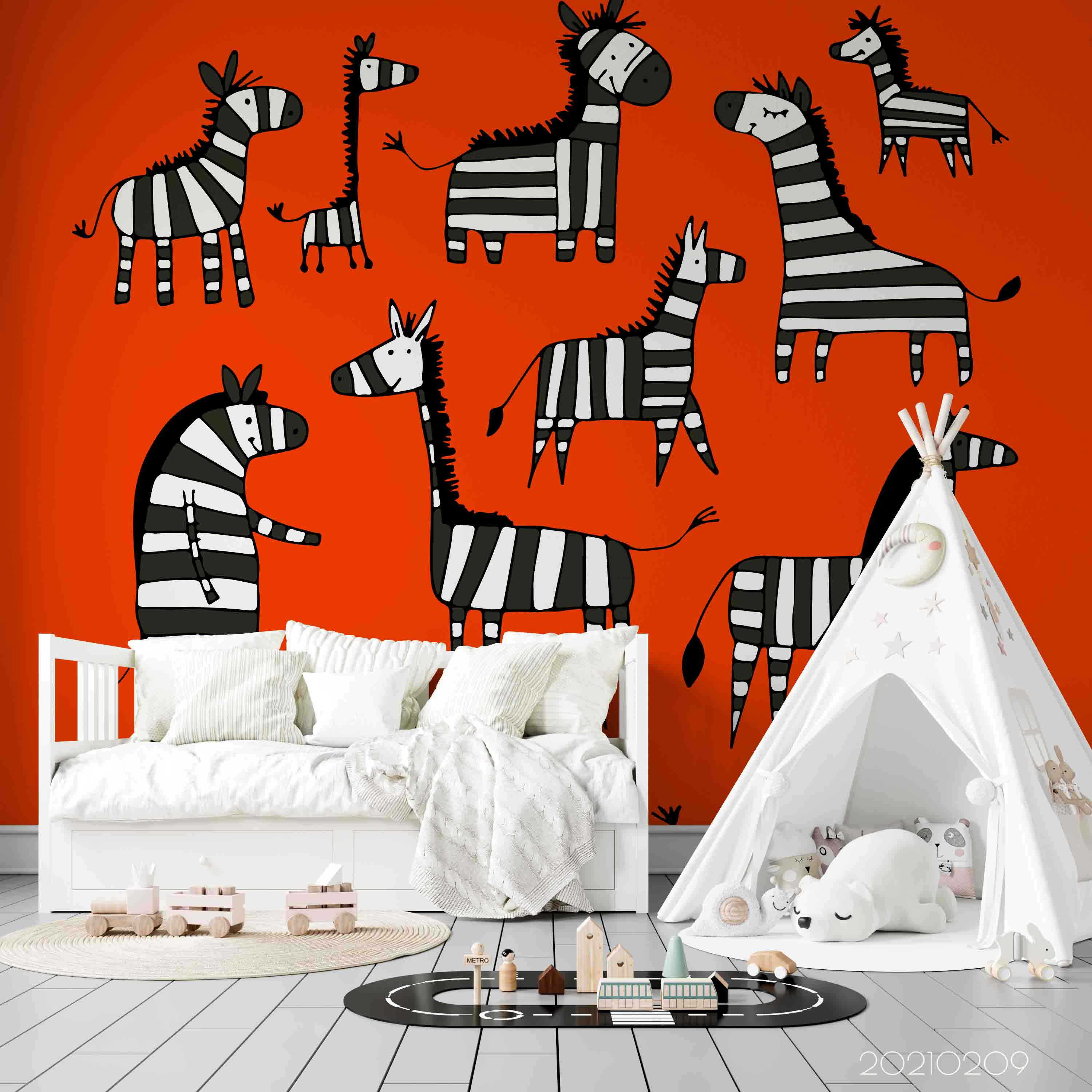 3D Hand Drawn Red Animal Zebra Wall Mural Wallpaper Lqh 84